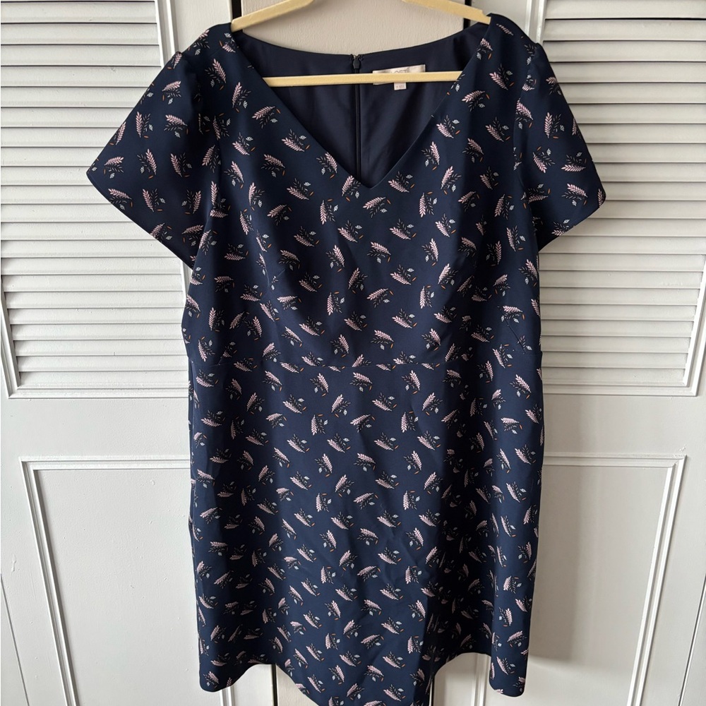 LOFT Plus Navy Dress with Leaf Pattern